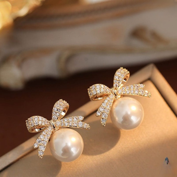 Bow Sparkle Diamond Pearl Stud Earrings