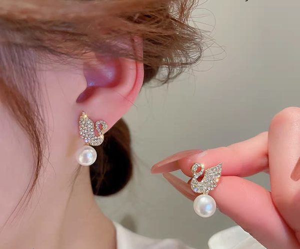 Korean Diamond Swan Pearl Earrings