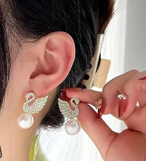 Korean Diamond Swan Pearl Earrings