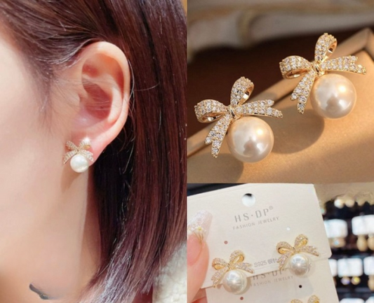 Bow Sparkle Diamond Pearl Stud Earrings