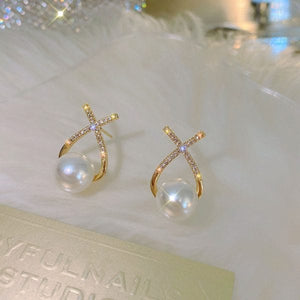 Elegant Golden Cross Pearl Zircon Earings Pearl Stud Earrings Women Personality Fashion Unique Design Earrings - Belladoux