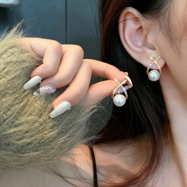 Elegant Golden Cross Pearl Zircon Earings Pearl Stud Earrings Women Personality Fashion Unique Design Earrings - Belladoux
