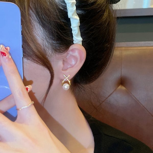 Elegant Golden Cross Pearl Zircon Earings Pearl Stud Earrings Women Personality Fashion Unique Design Earrings - Belladoux
