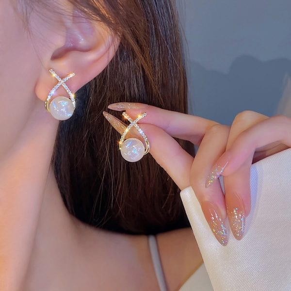Elegant Golden Cross Pearl Zircon Earings Pearl Stud Earrings Women Personality Fashion Unique Design Earrings - Belladoux