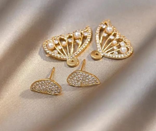Korean Zircon And Pearl Butterfly Front Back Earrings - Belladoux
