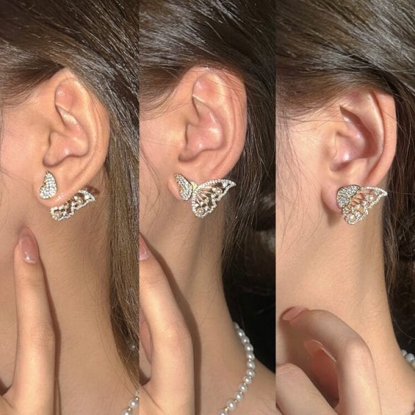 Korean Zircon And Pearl Butterfly Front Back Earrings - Belladoux